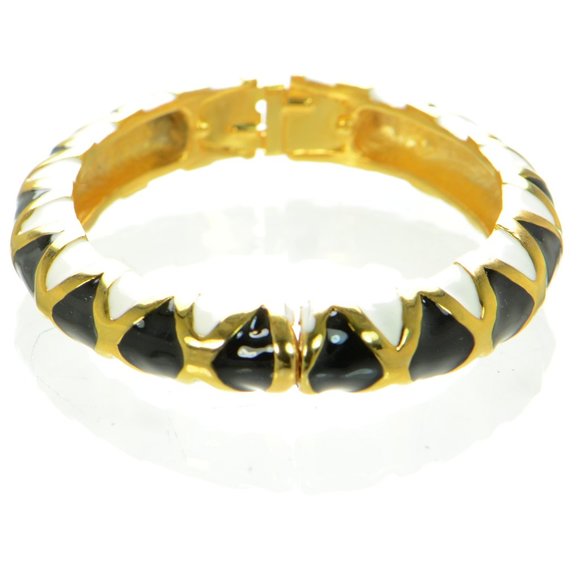 Kenneth Jay Lane KJL Polished Gold Black & White Enamel Bangle Bracelet - Picture 4 of 6